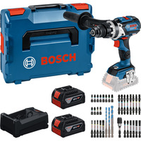 Bosch Set di utensili trapano avvitatore a percussione a batteria 18 volt 110 Nm con 2 batterie 5,0 Ah e set di punte in L-BOXX, Set di strumenti boxed