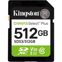 Kingston 512GB SDXC Canvas Select Plus Gen3 150MB/s C10 UHS-I U3 V30, Scheda di memoria 512 GB, SD, Classe 10, UHS-I, 150 MB/s, Class 3 (U3)