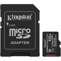 Kingston 512GB microSDXC Canvas Select Plus Gen3 150MB/s A1 (Adattatore SD incluso), Scheda di memoria Nero, 512 GB, MicroSDXC, Classe 10, UHS-I, 150 MB/s, Class 3 (U3)
