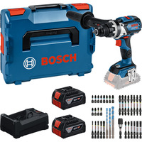 Bosch Set di utensili: trapano avvitatore a batteria 18 volt 110 Nm con 2 batterie 5,0 Ah, caricabatterie e set di punte, Set di strumenti boxed