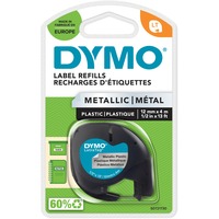 Dymo LetraTag etichette originali Metallic autoadesiva | rotolo da 12 mm x 4 m | stampa nera su argento metallico | LT etichette autoadesive per etichettatrice LetraTag | 1 pezzo, Nastro di scrittura Nero su metallizzato, Poliestere, Belgio, DYMO, LetraTag 100T, LetraTag 100H, 1,2 cm