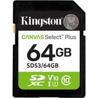 Kingston 64GB SDXC Canvas Select Plus Gen3 100MB/s C10 UHS-I U1 V10, Scheda di memoria 64 GB, SD, Classe 10, UHS-I, 100 MB/s, Class 1 (U1)