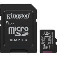 Kingston 128GB microSDXC Canvas Select Plus Gen3 150MB/s A1 (Adattatore SD incluso), Scheda di memoria Nero, 128 GB, MicroSDXC, Classe 10, UHS-I, 150 MB/s, Class 1 (U1)