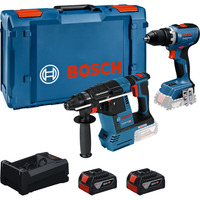 Bosch Kit combo avvitatore a batteria 18 volt 65 + martello perforatore 18 volt 26 con 2 batterie 5 Ah e caricabatterie, Set Kit