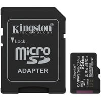Kingston 256GB microSDXC Canvas Select Plus Gen3 150MB/s A1 (Adattatore SD incluso), Scheda di memoria Nero, 256 GB, MicroSDXC, Classe 10, UHS-I, 150 MB/s, Class 1 (U1)